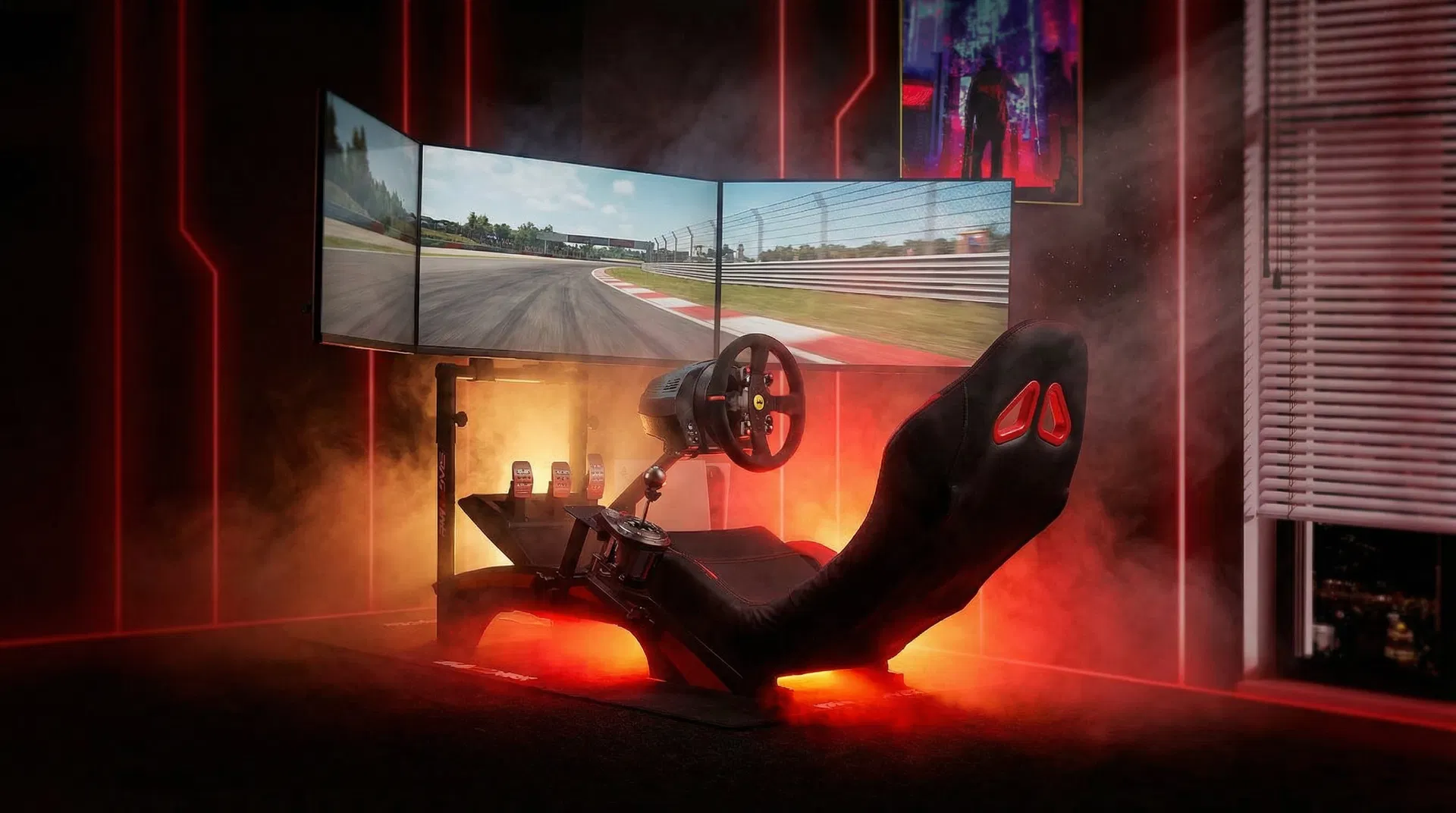 Racing simulator with dramatic red lighting