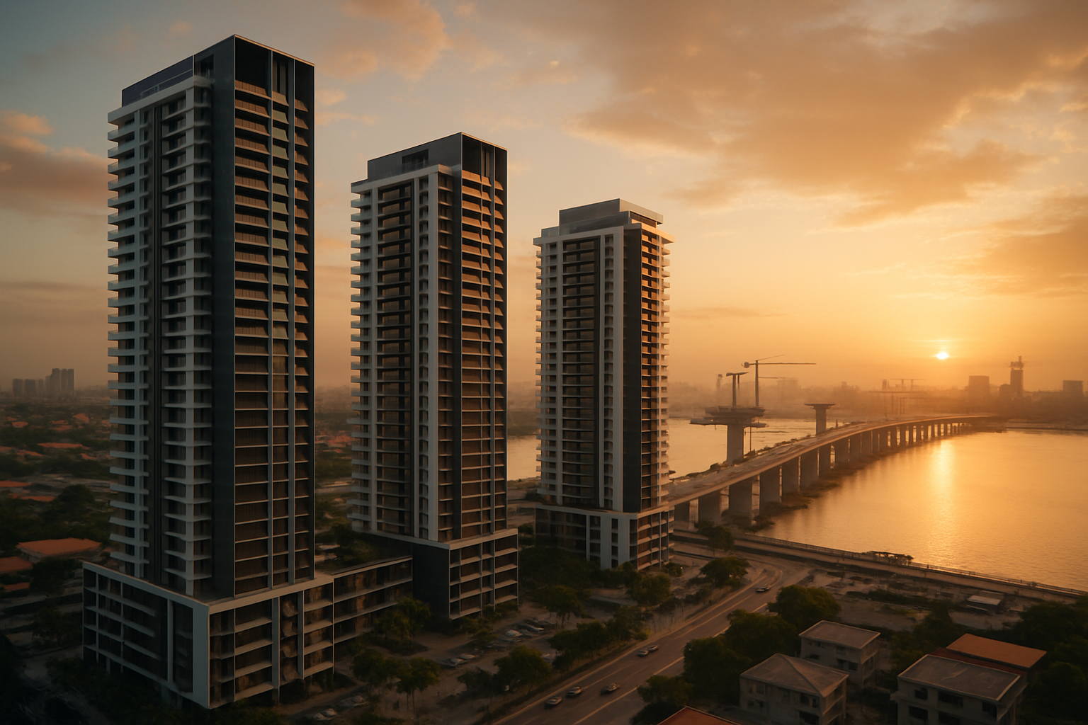 Modern residential towers and a new bridge under construction in Lagos, Nigeria, representing the rapid urban development and investment in high-growth corridors.