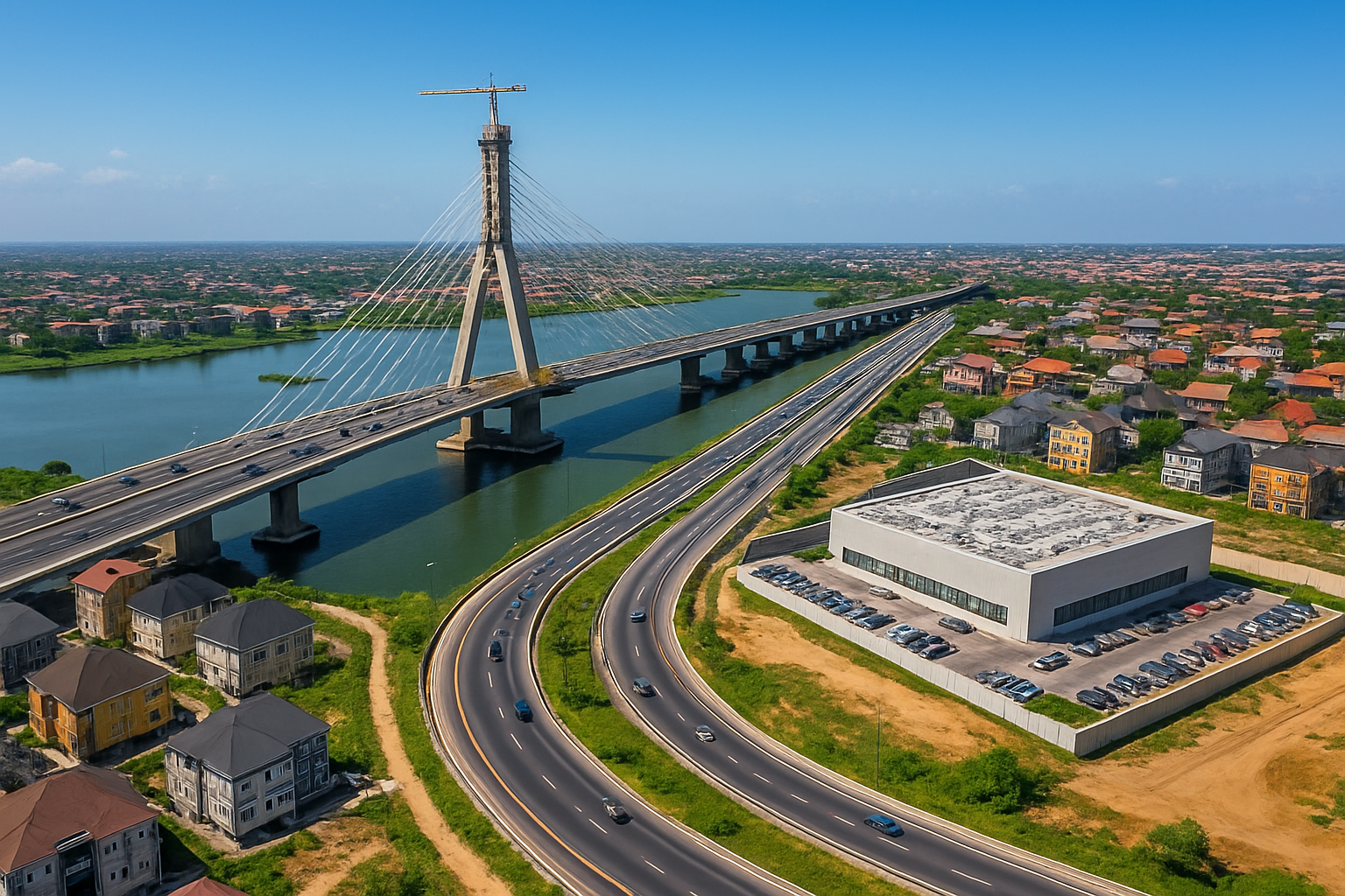 An aerial view of a major bridge and a modern data center facility, illustrating the massive infrastructure projects driving property value appreciation in Nigeria.