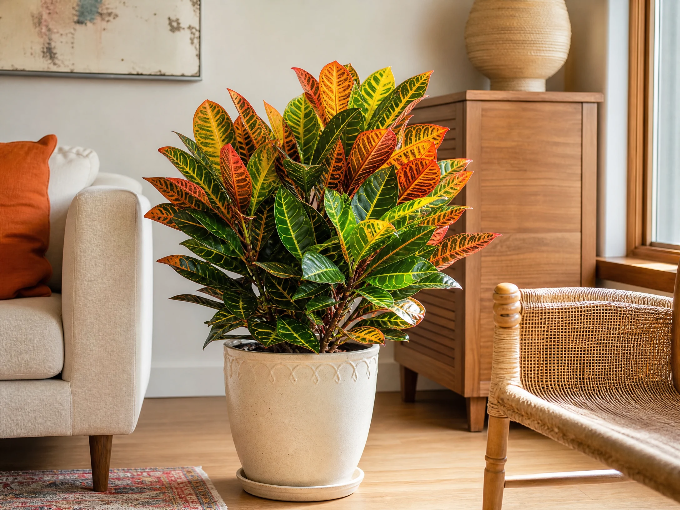 Bright realistic colorful croton in a cheerful living room