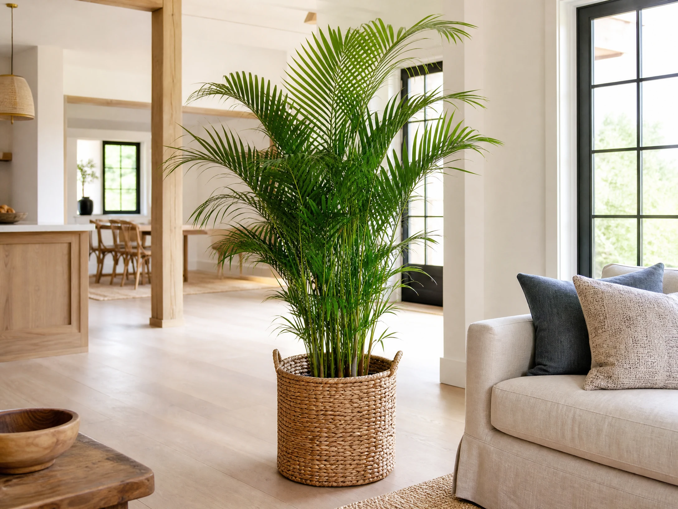 Bright realistic areca palm in a sunlit open-plan room