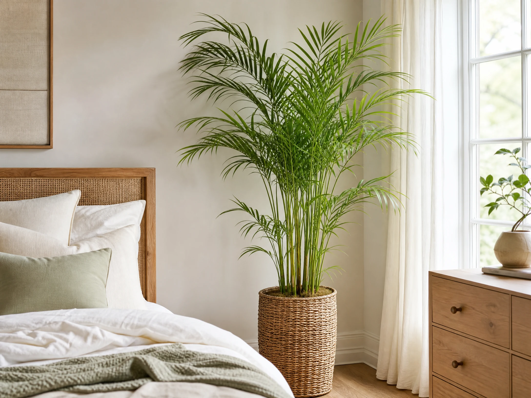 Bright realistic bamboo palm in a relaxed bedroom corner