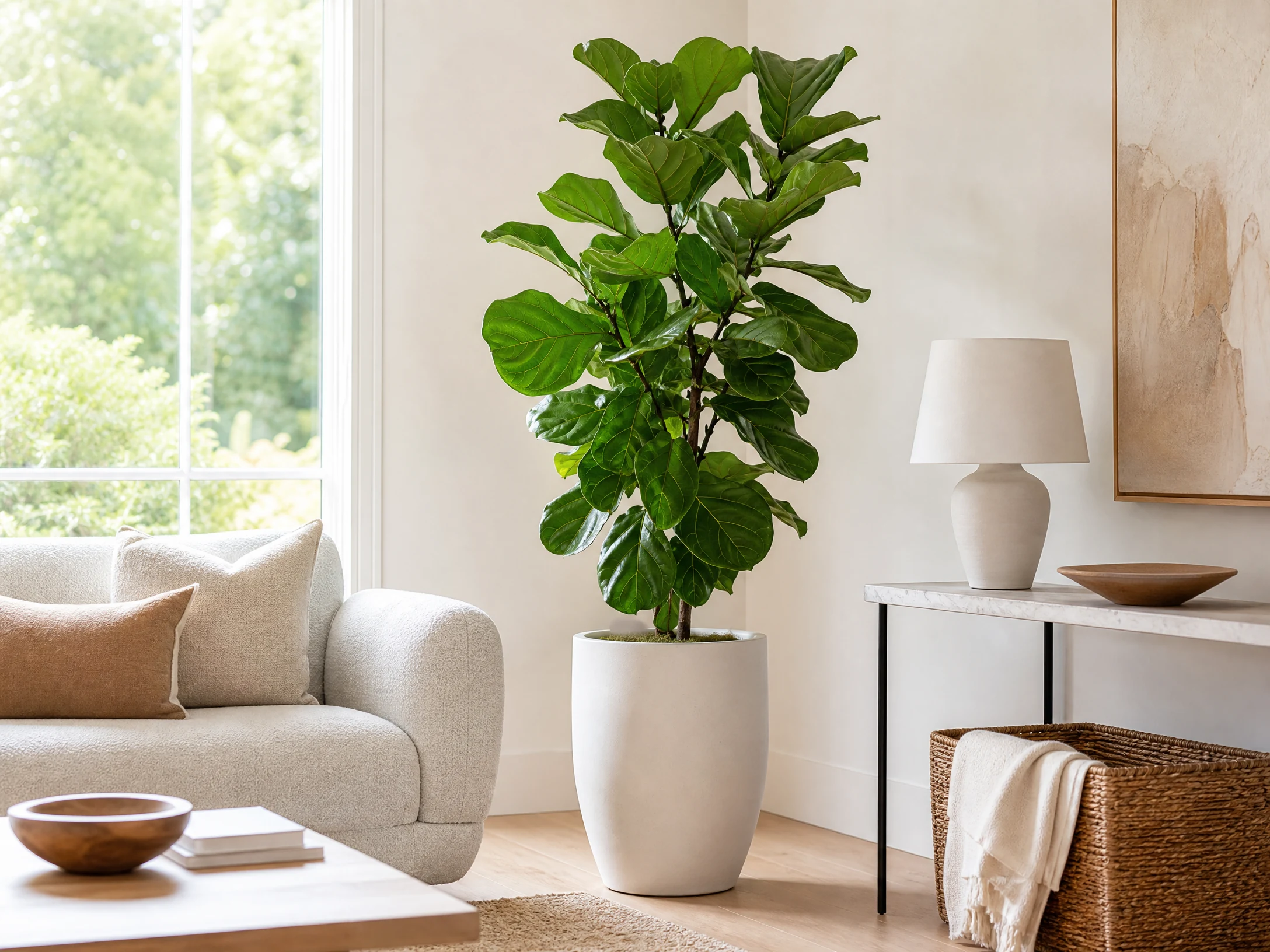 Bright realistic fiddle-leaf fig beside a neutral sofa