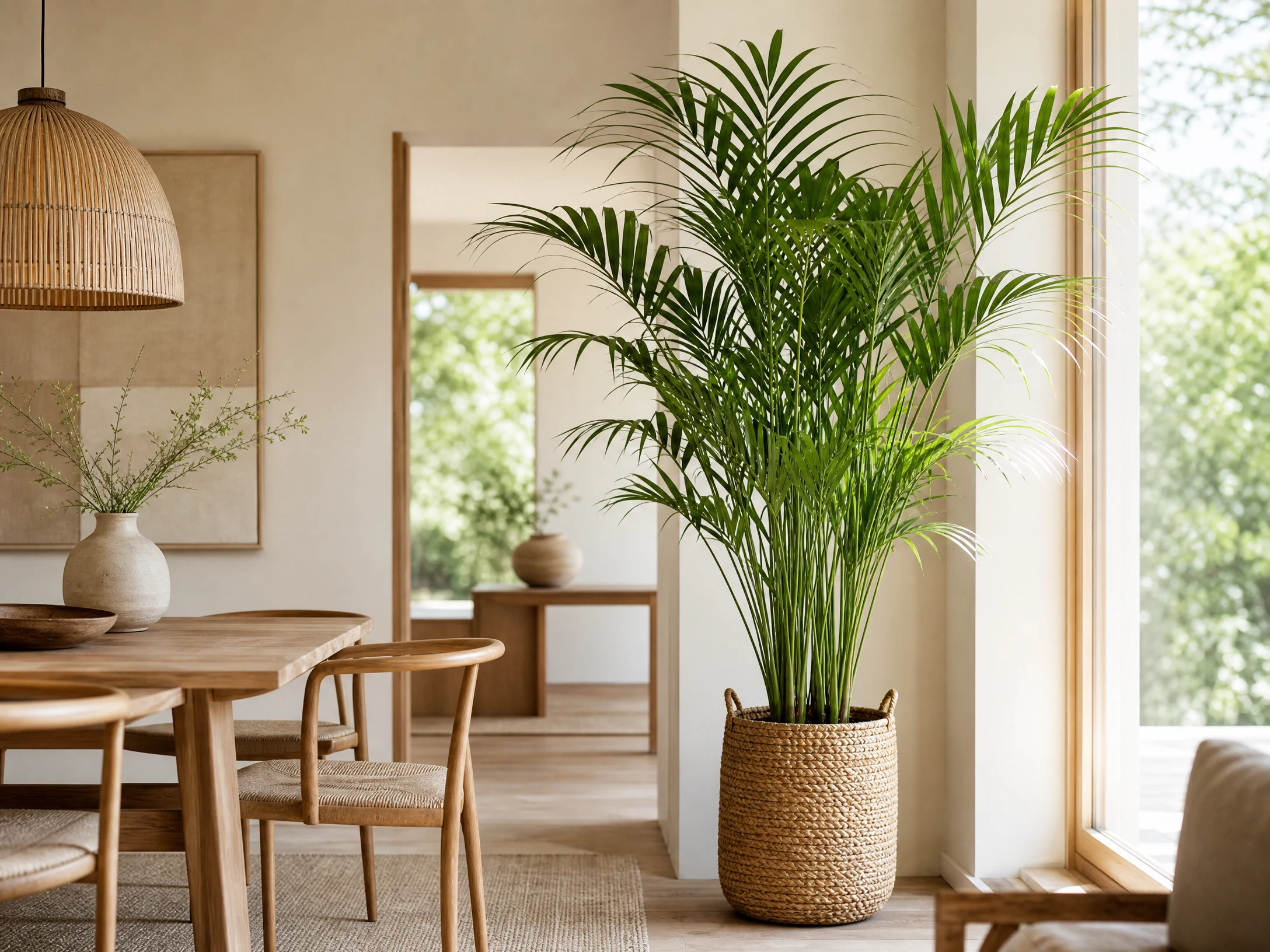 Bright realistic kentia palm in an elegant dining room