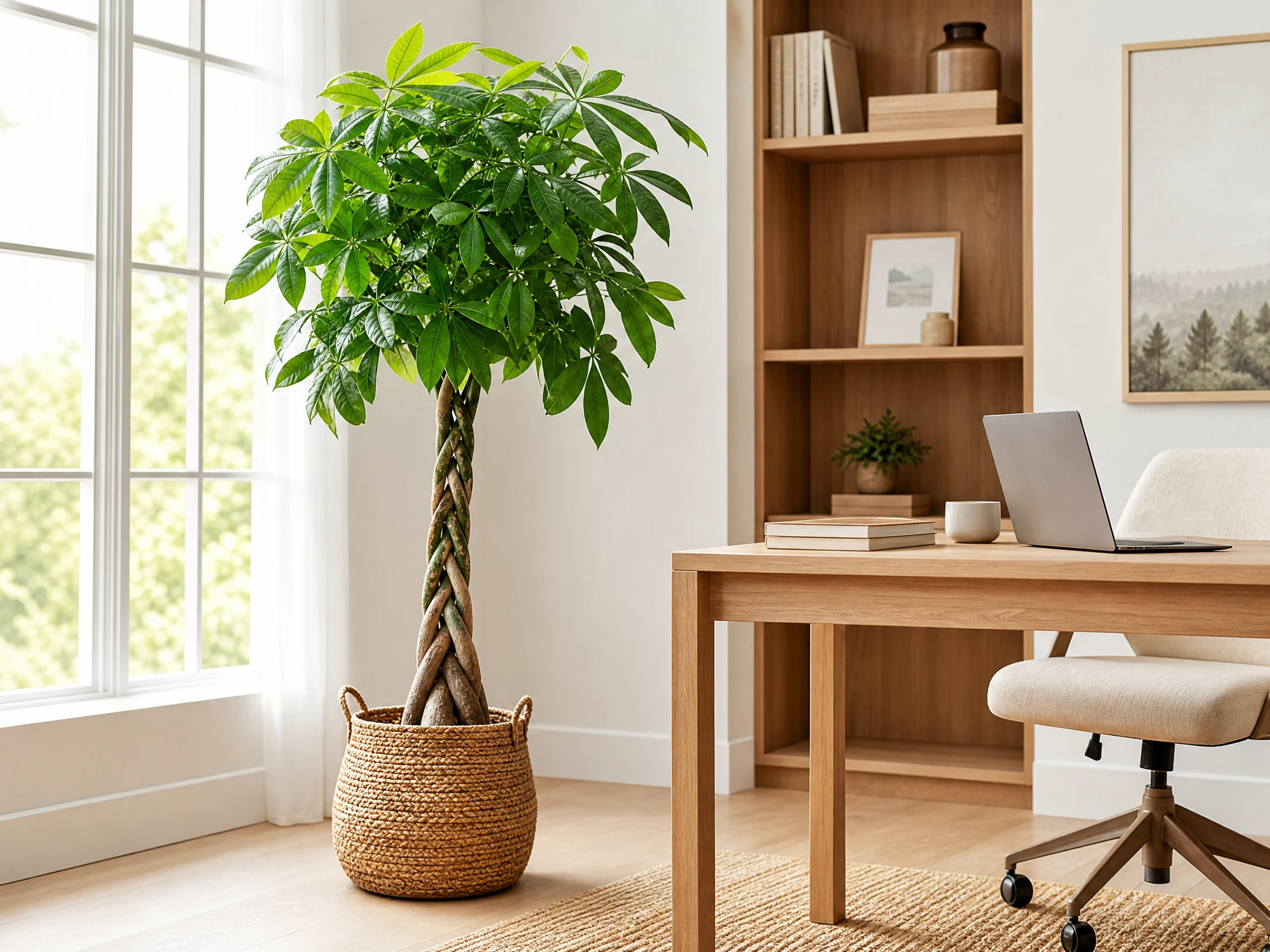 Bright realistic money tree in a woven planter near a window
