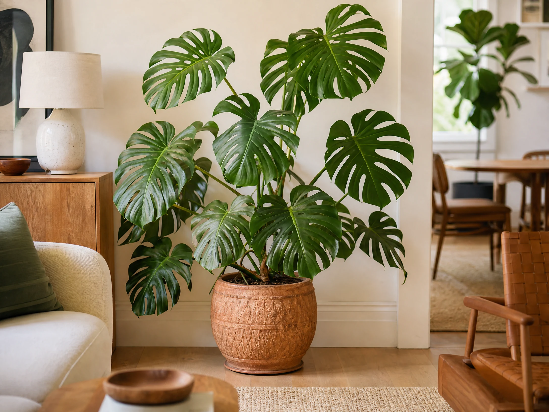 Bright realistic monstera deliciosa in a stylish apartment