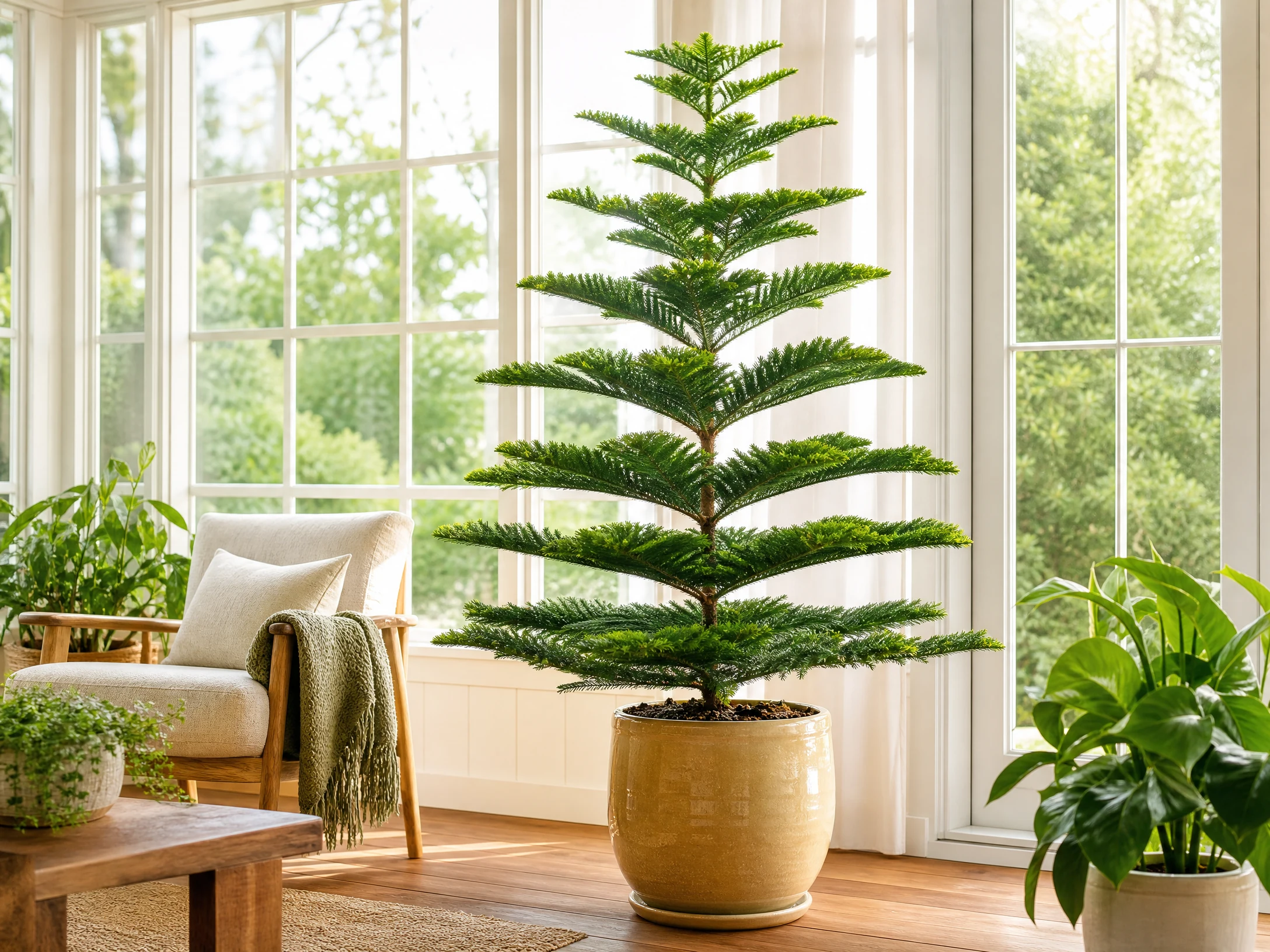 Bright realistic Norfolk Island pine in a light-filled sunroom