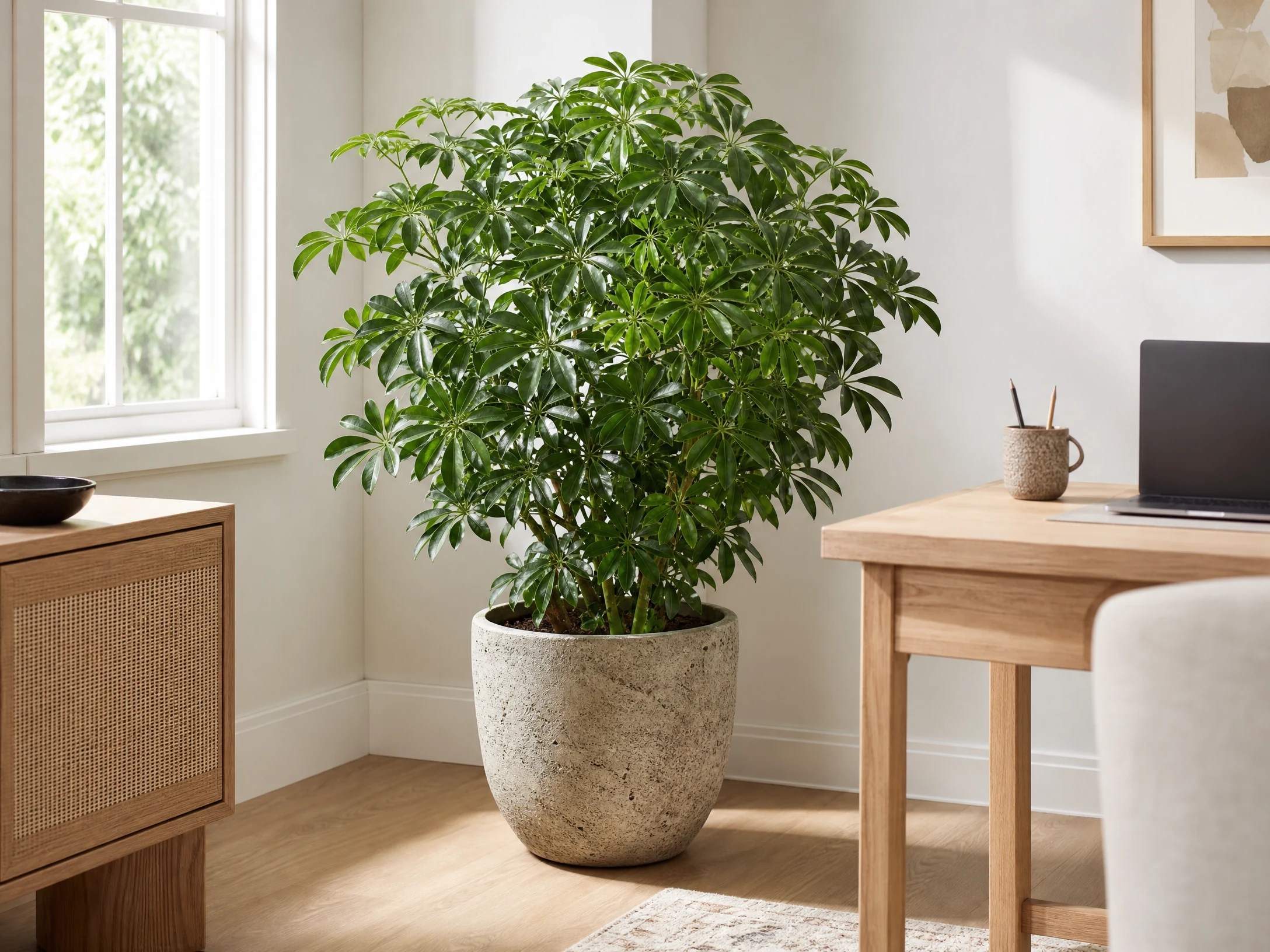 Bright realistic schefflera umbrella plant in a bright home office