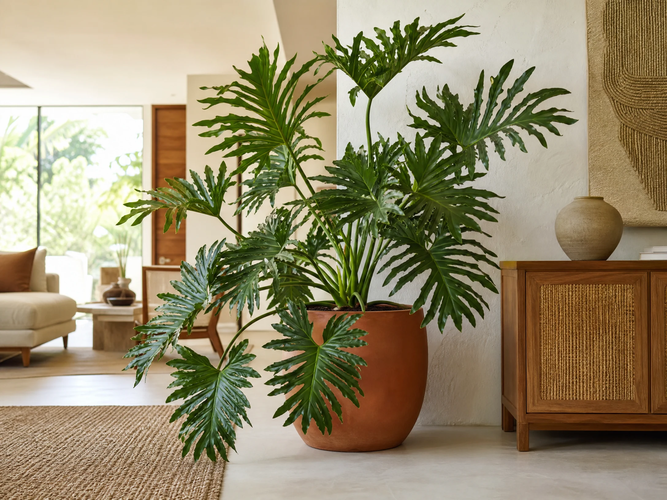Bright realistic philodendron hope in a textured ceramic planter
