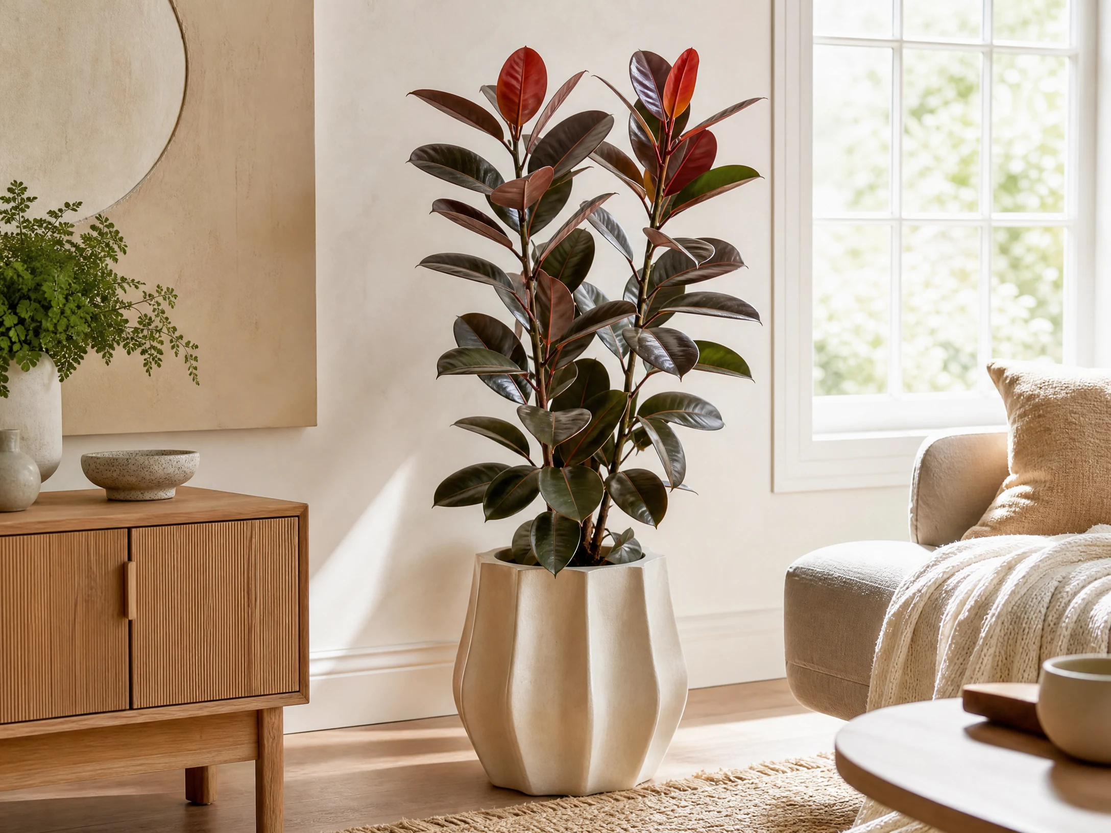 Bright realistic burgundy rubber plant in a modern home