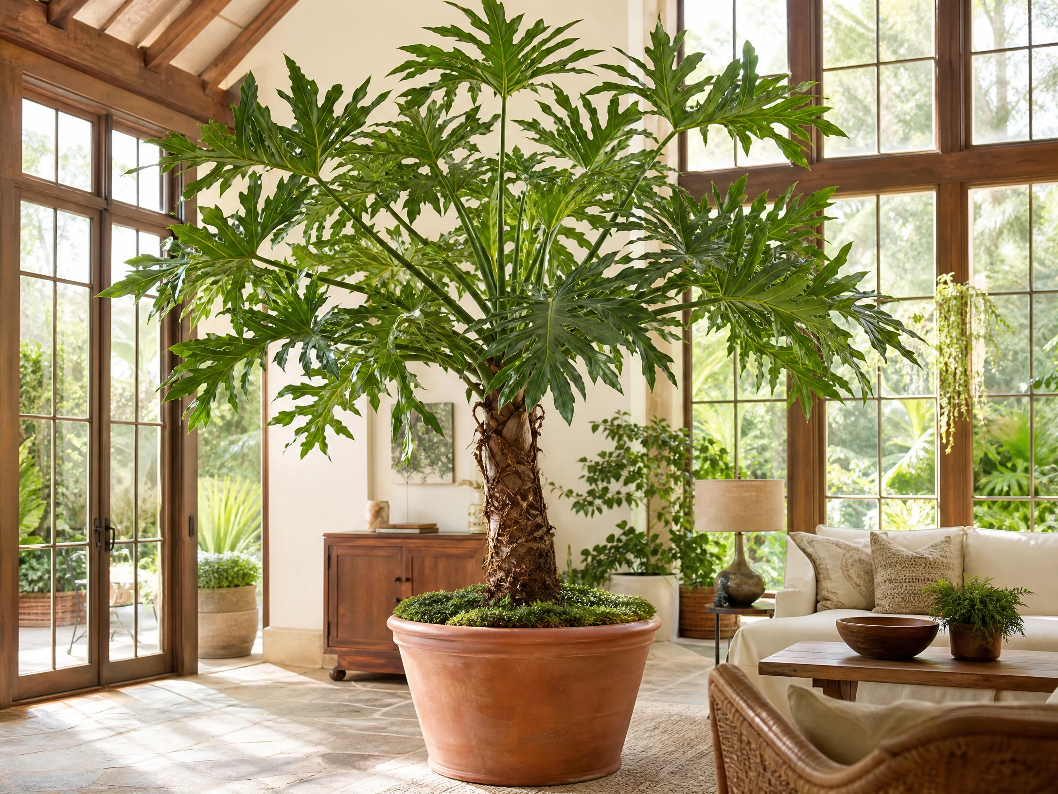 Bright realistic tree philodendron in a spacious sunroom