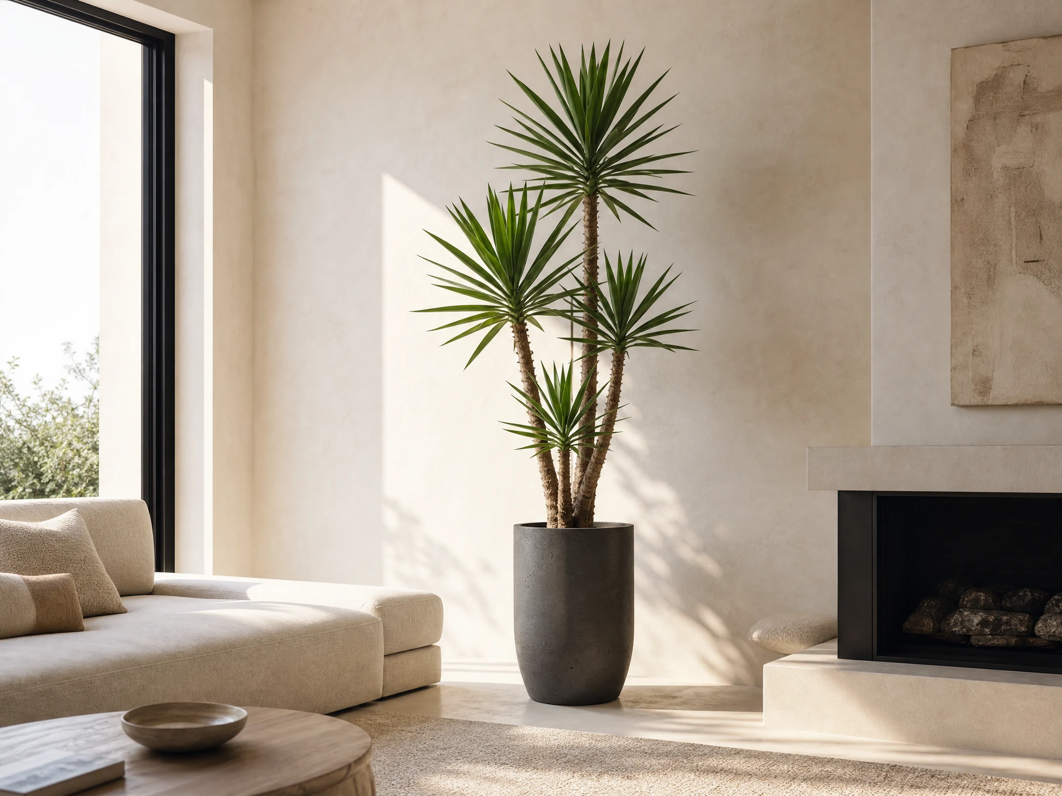 Bright realistic yucca cane beside modern low furniture