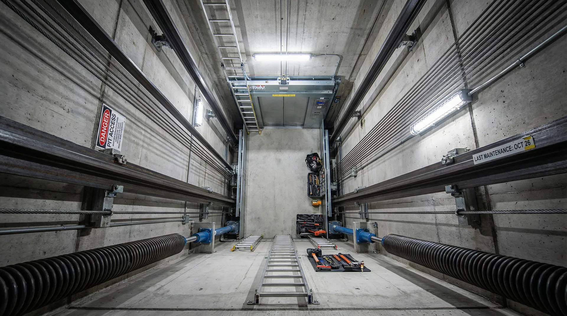 Vue intérieure d'une fosse d'ascenseur avec équipements mécaniques et câbles