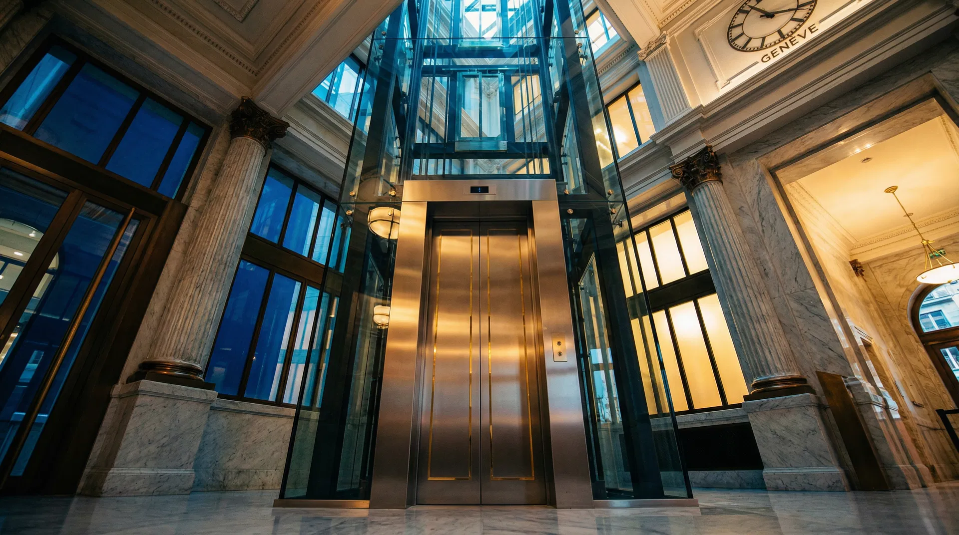 Ascenseur moderne en verre dans un immeuble de standing à Genève