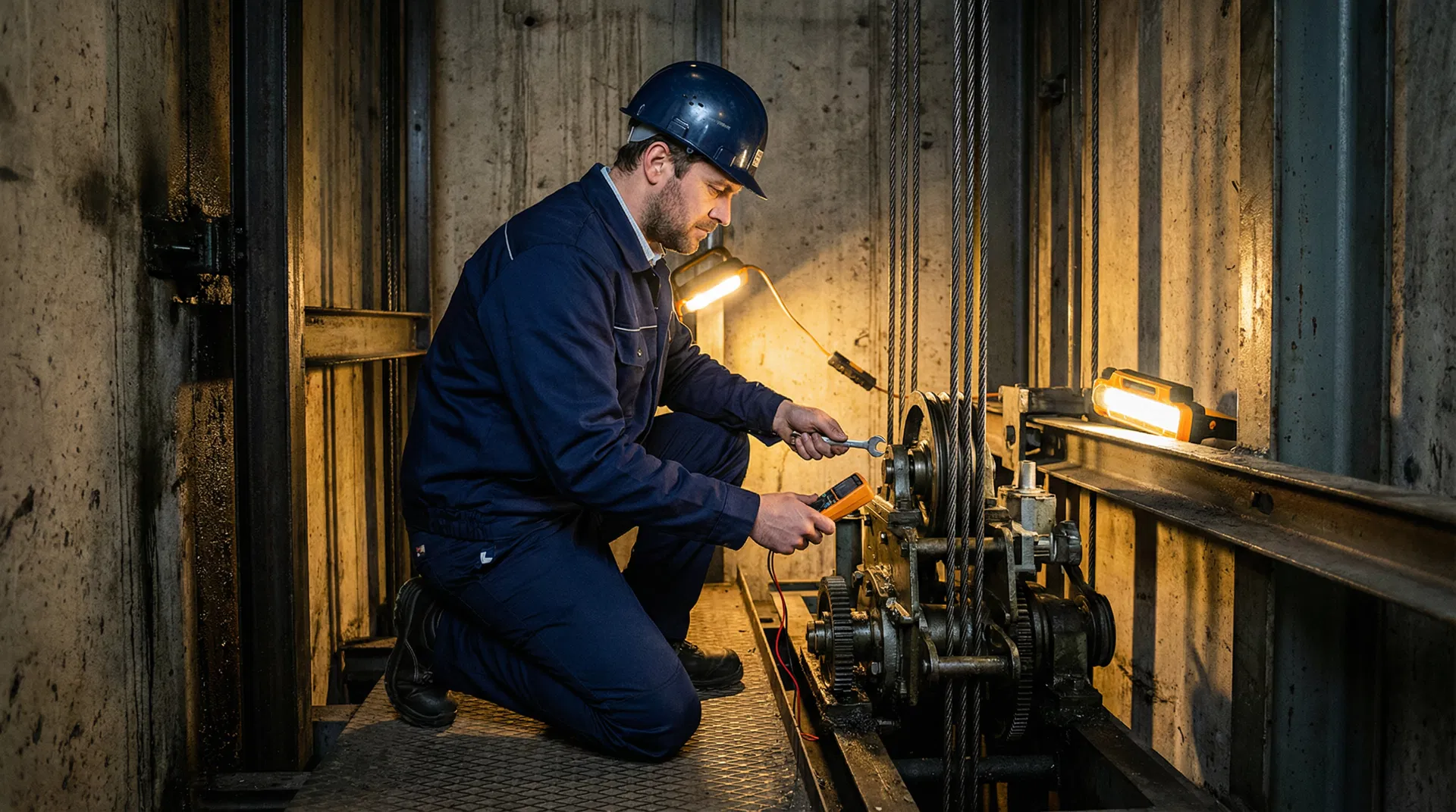 Technicien MBBS SARL réparant un mécanisme d'ascenseur dans une gaine