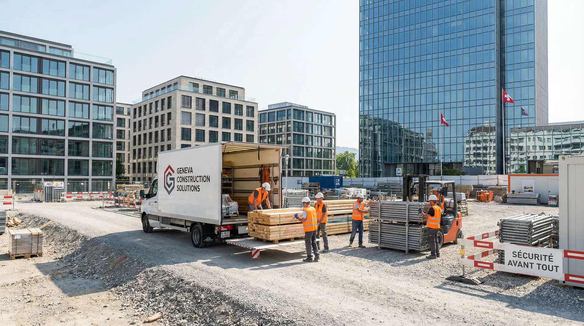 Chantier de construction avec livraison de matériaux à Genève