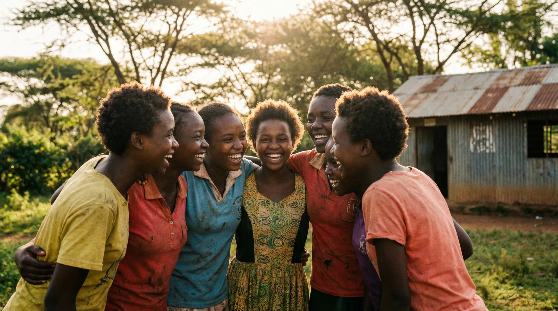 Kenyan teenagers laughing together in golden hour light