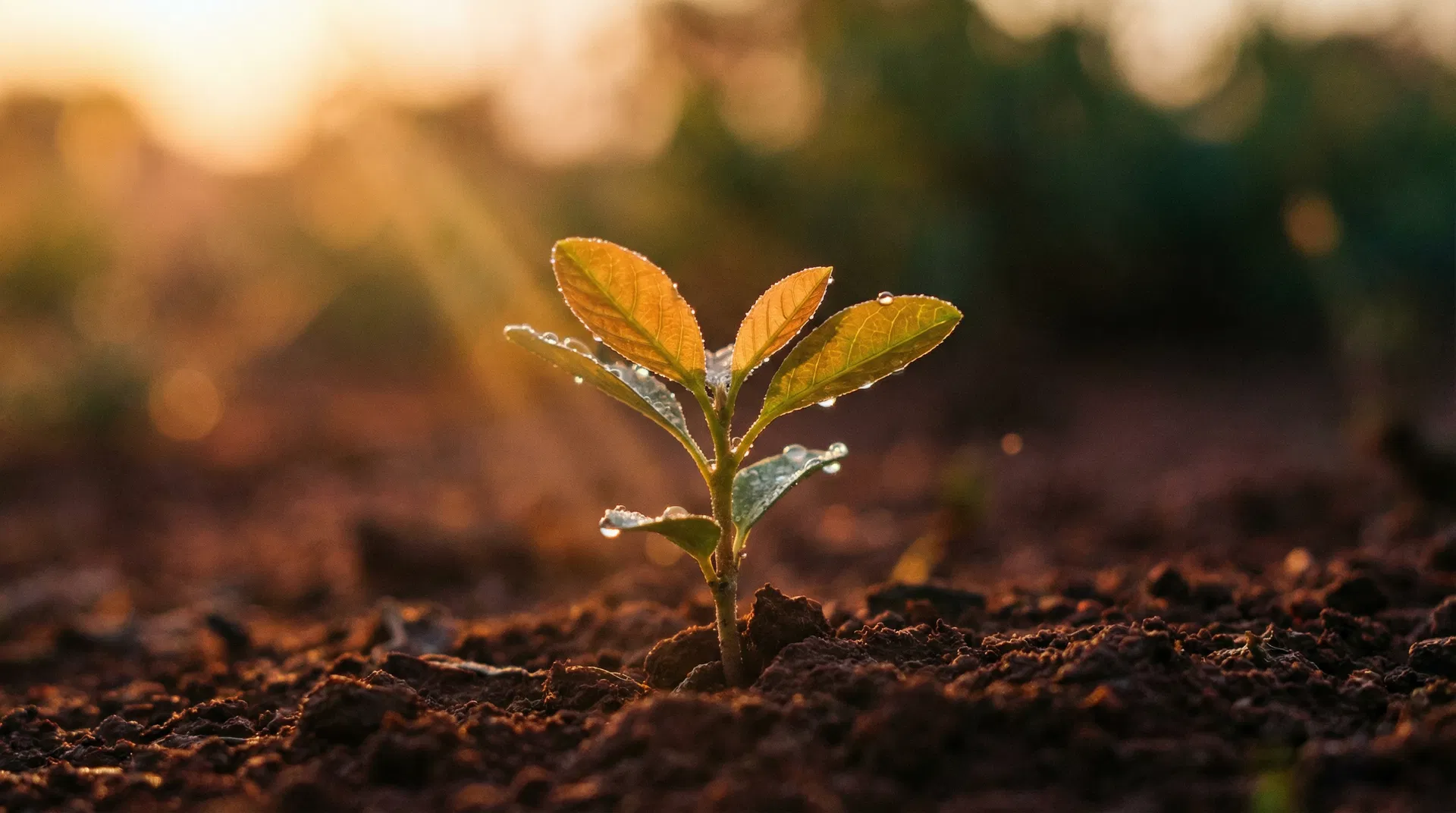 A seedling sprouting from rich soil in golden morning light