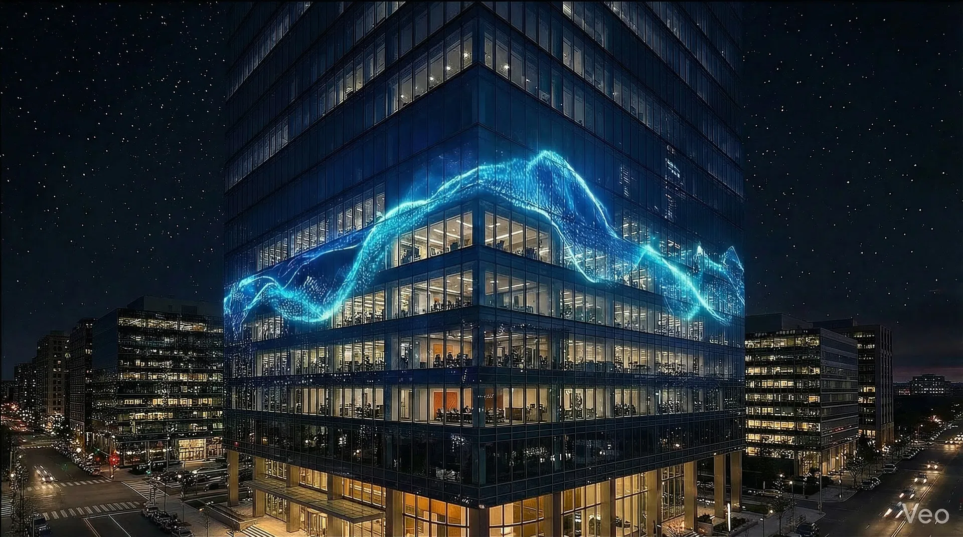 LED wave patterns embedded within the glass panels