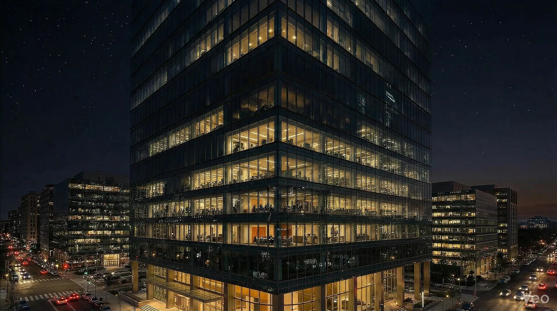 Glass facade at night showing illuminated offices with people