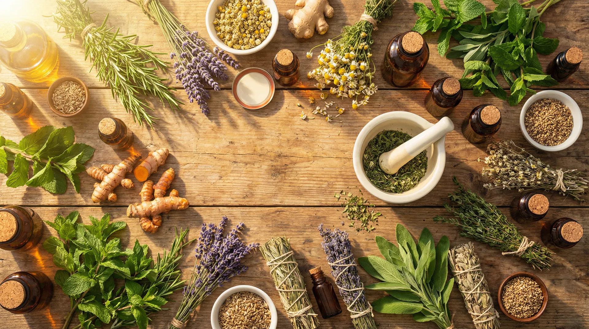 Natural herbs and remedies on rustic wood