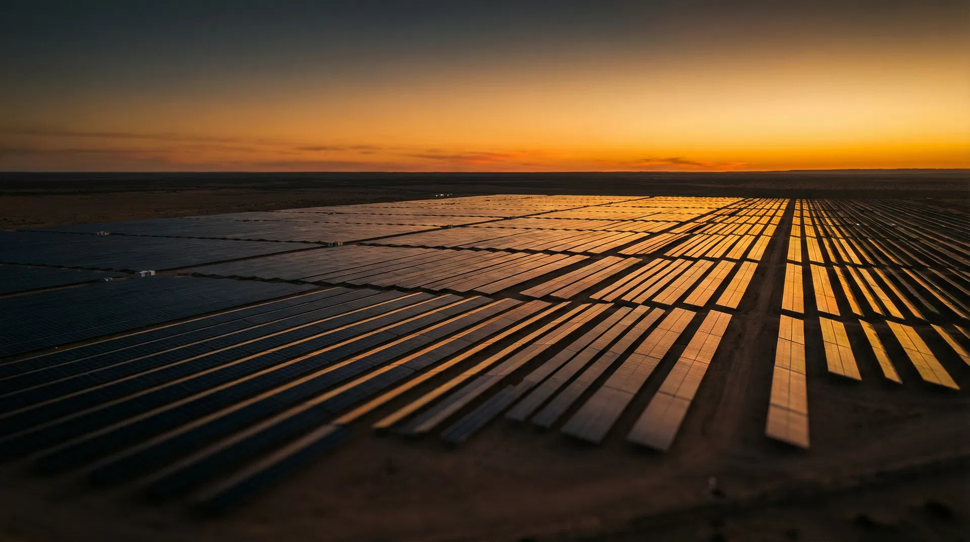 Solar panel farm at golden hour