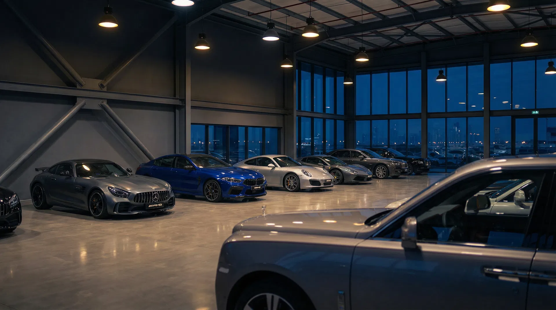 Luxury car auction showroom