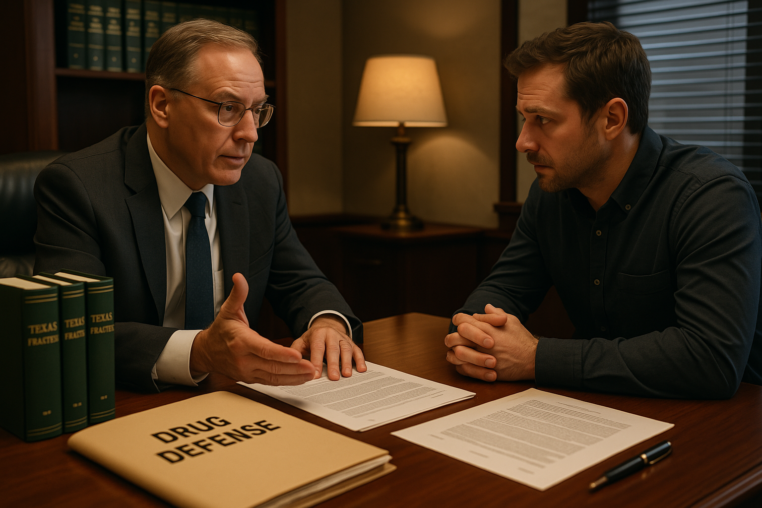 Professional attorney consultation with drug defense case files and legal documents