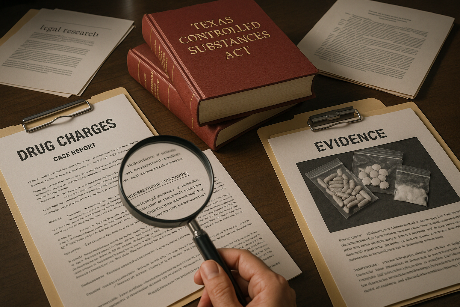 Legal case preparation showing drug charges documentation and evidence analysis