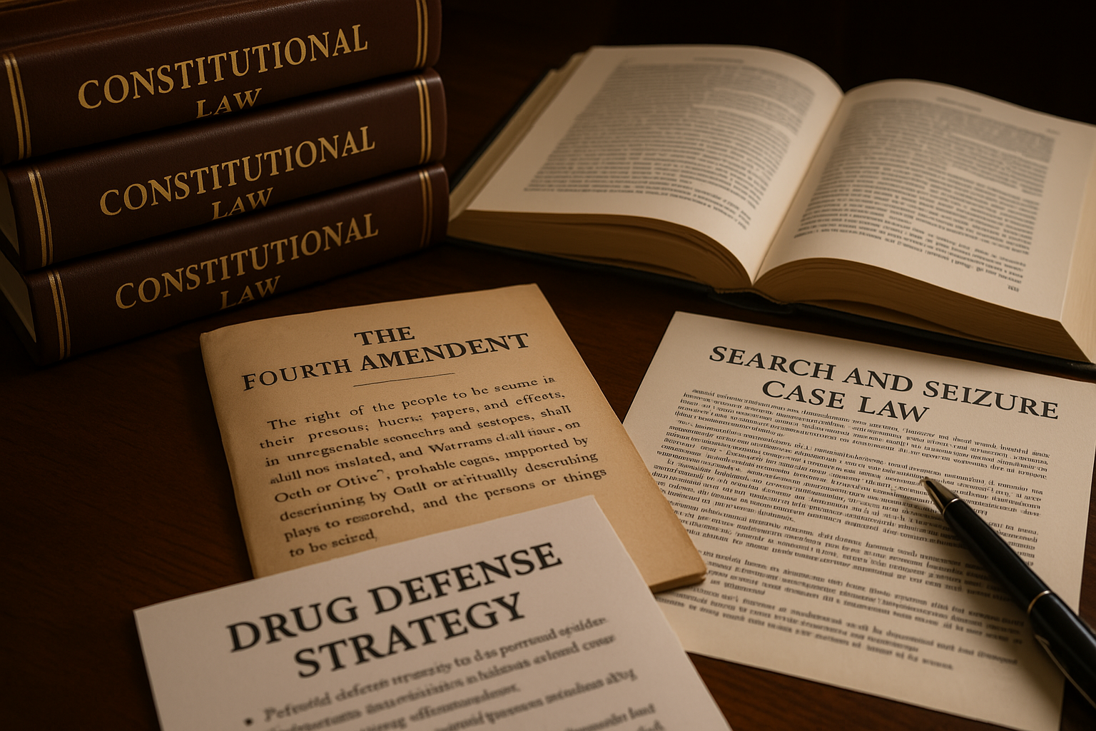 Constitutional law books and Fourth Amendment materials for drug defense strategy