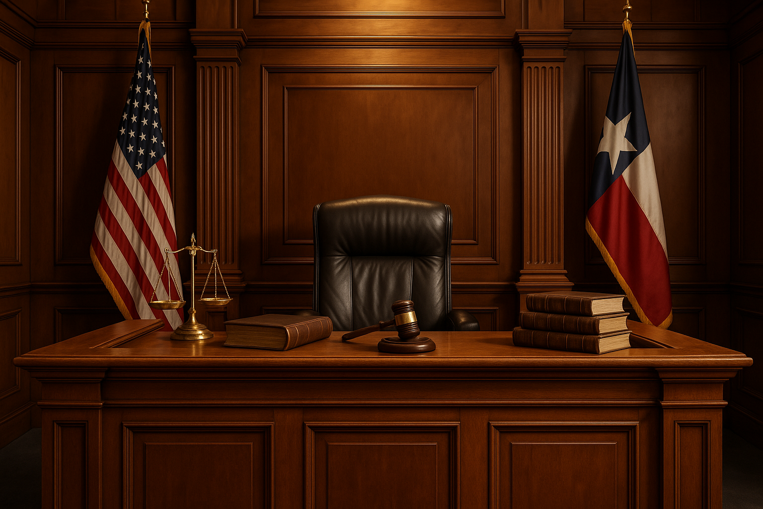 Professional Texas courtroom scene with judge's bench, flags, and legal books