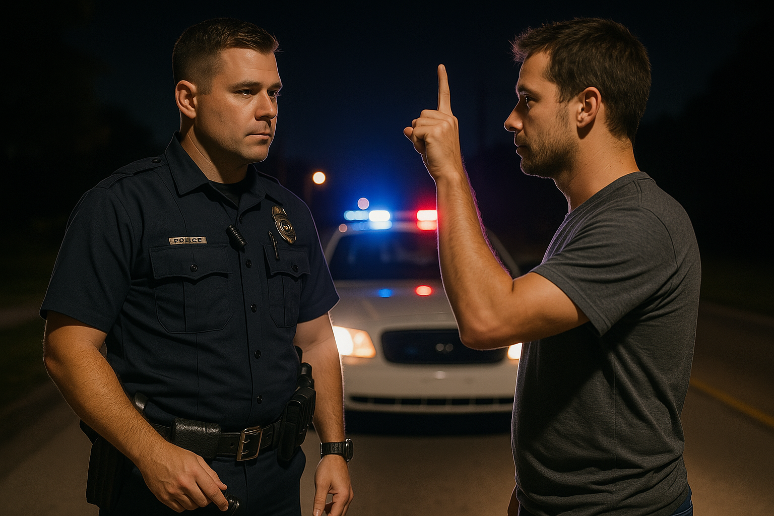 Police officer conducting field sobriety test at night with patrol car in background