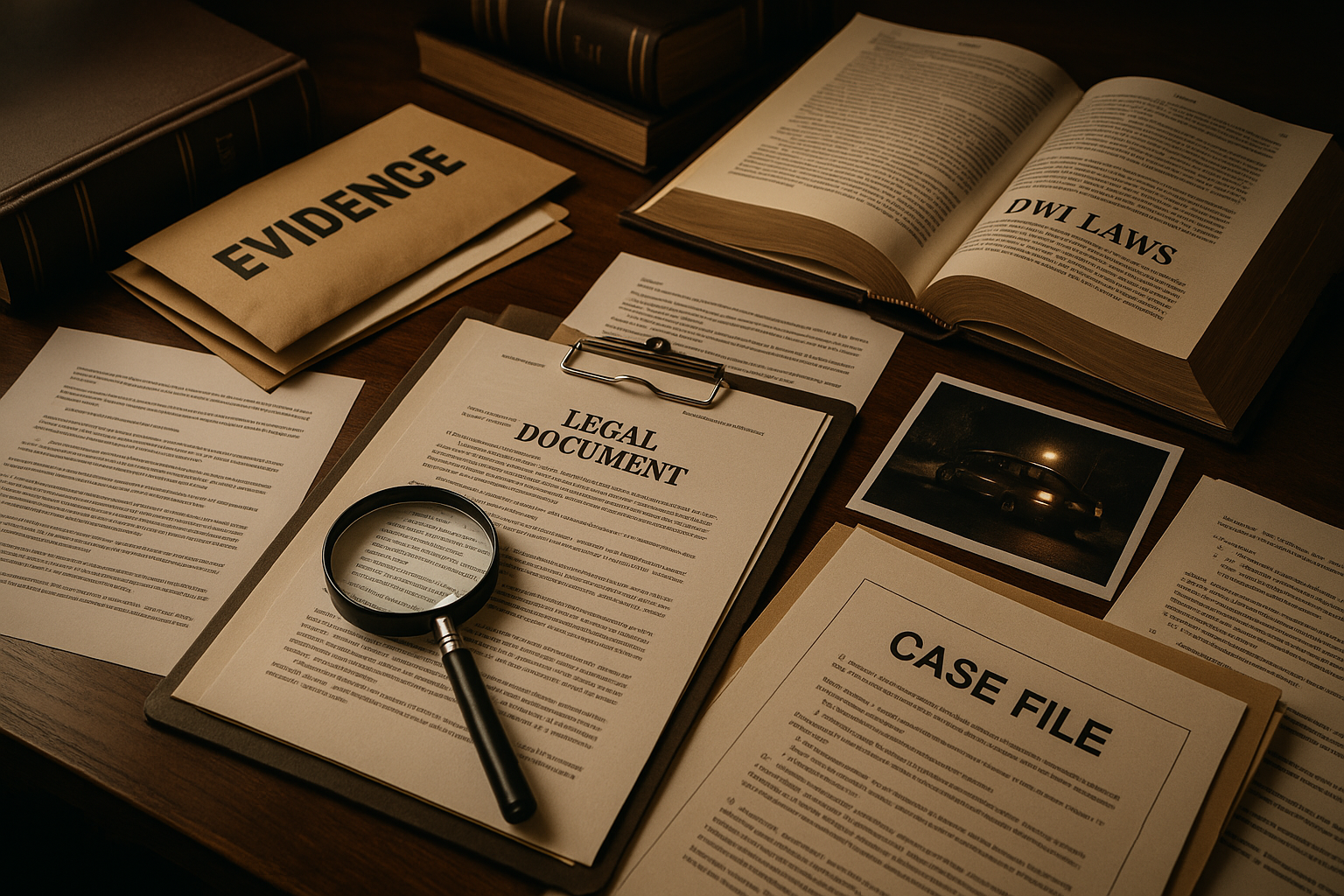 Attorney's office with legal documents, case files, and evidence preparation materials