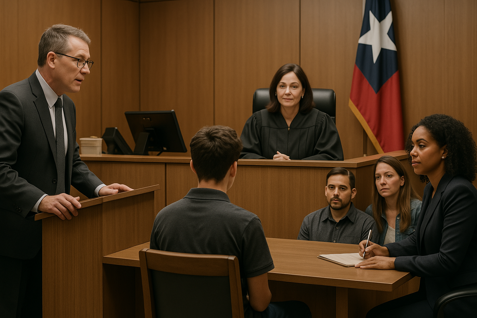 Professional juvenile courtroom scene with judge and family members in rehabilitation-focused setting