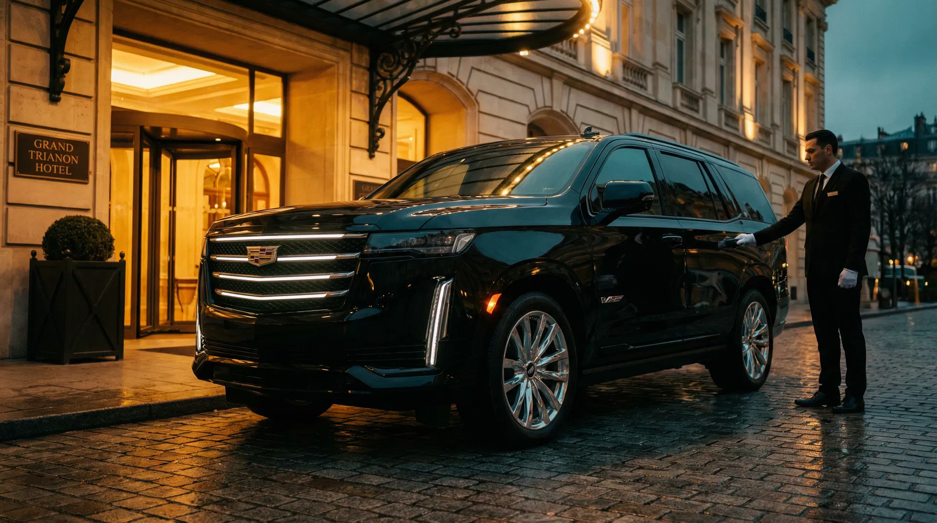 Luxury black SUV at a grand hotel entrance at dusk