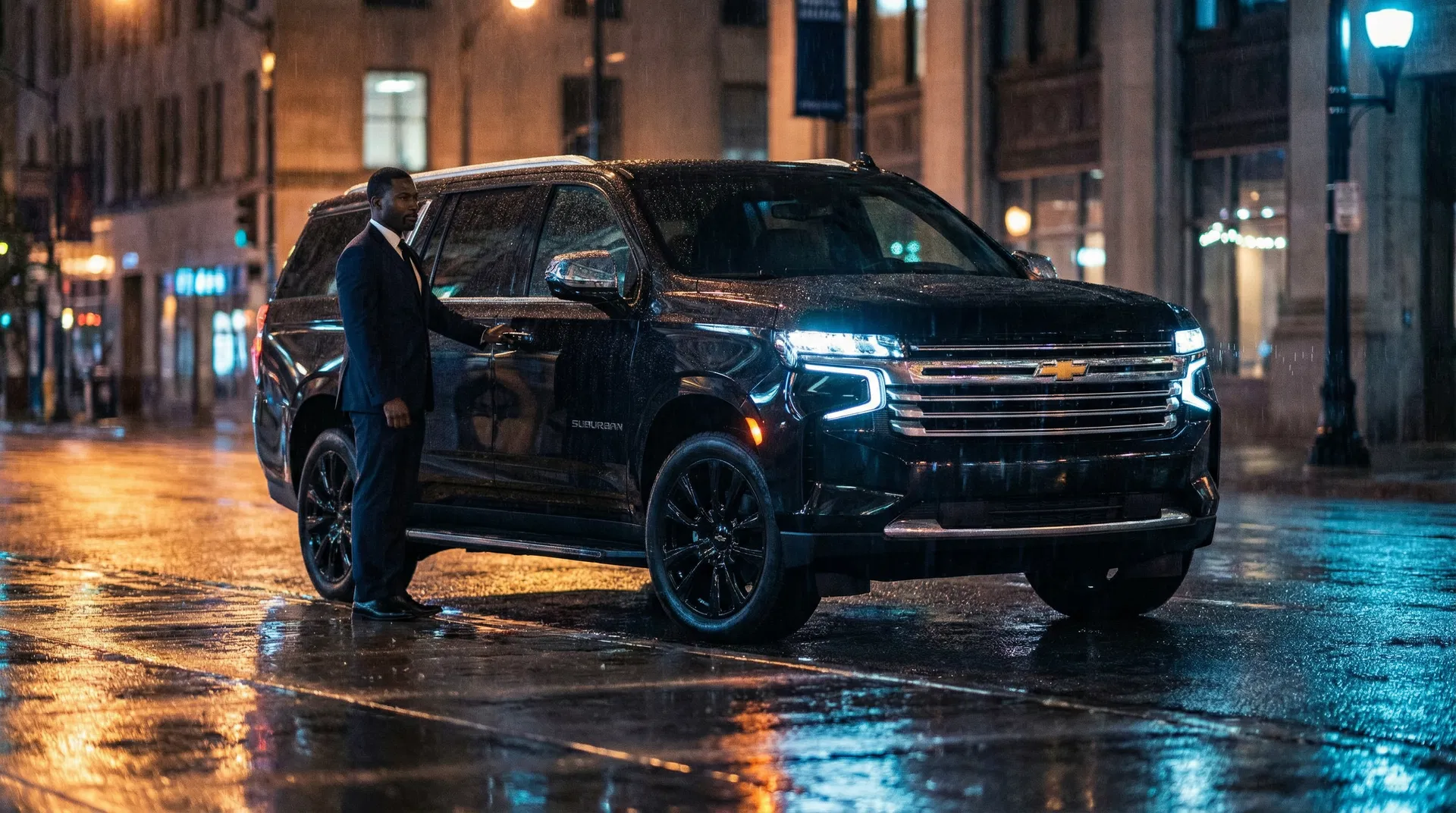 Chevrolet Suburban on city street at night