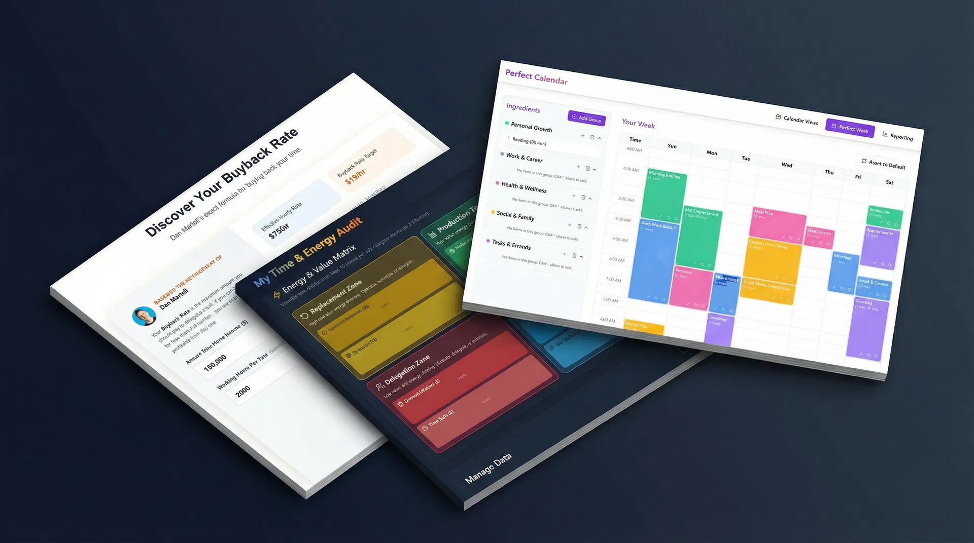 Preview of exclusive tools: Buyback Rate Calculator, Time & Energy Audit, and Perfect Week Calendar