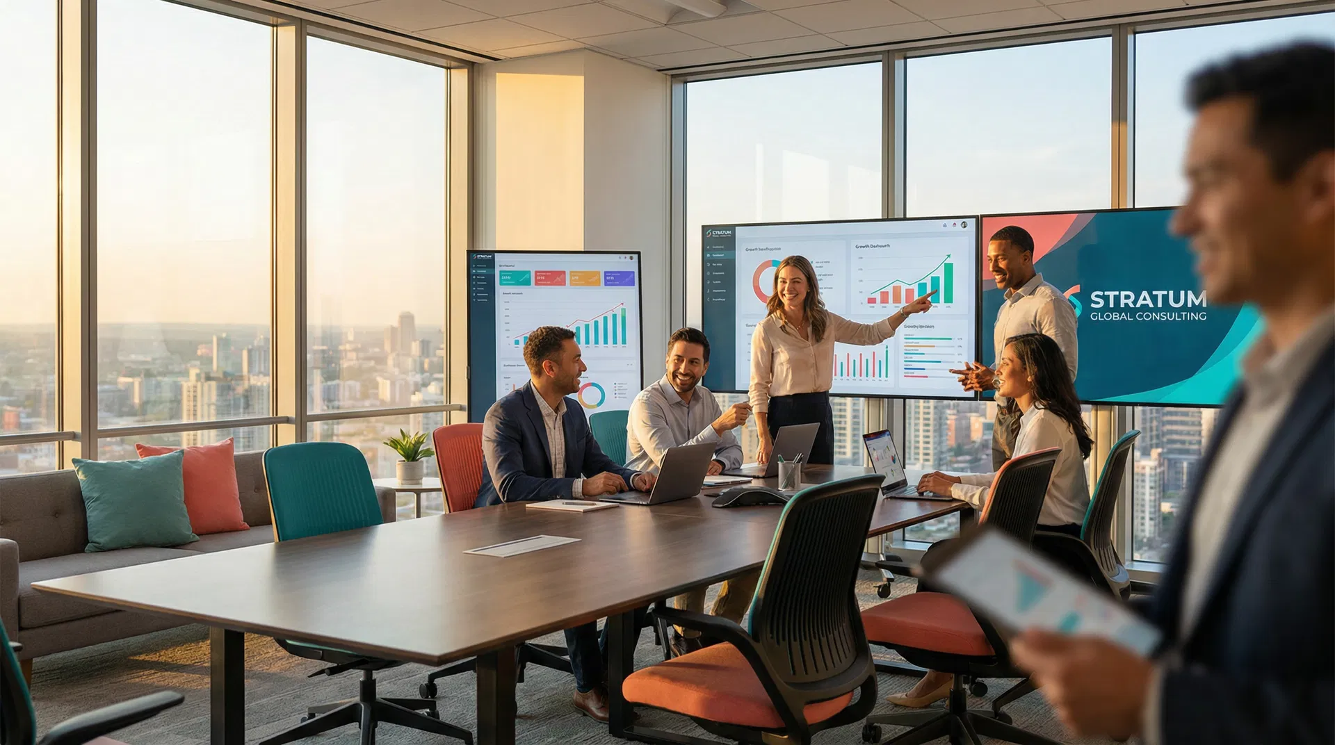 Equipe de consultoria em reunião estratégica
