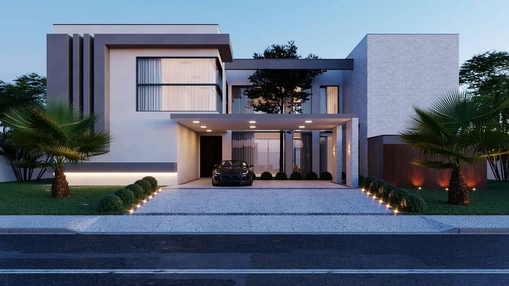 Fachada moderna com grandes aberturas e volumes sobrepostos