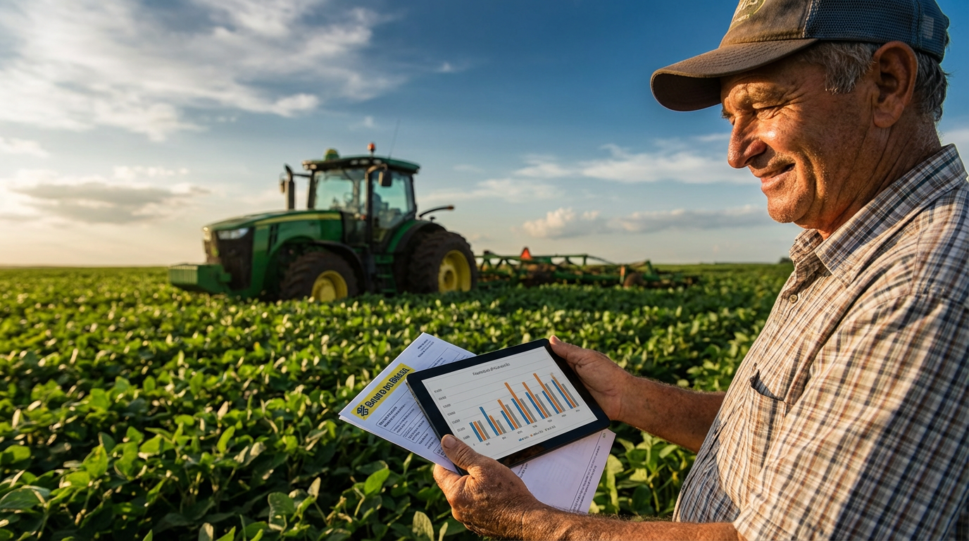 Produtor rural analisando crédito em uma plantação