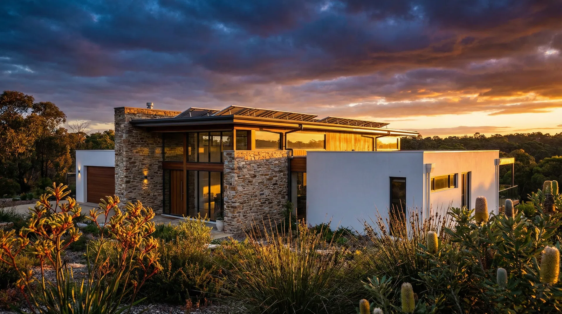 Modern Australian home at sunset with solar panels