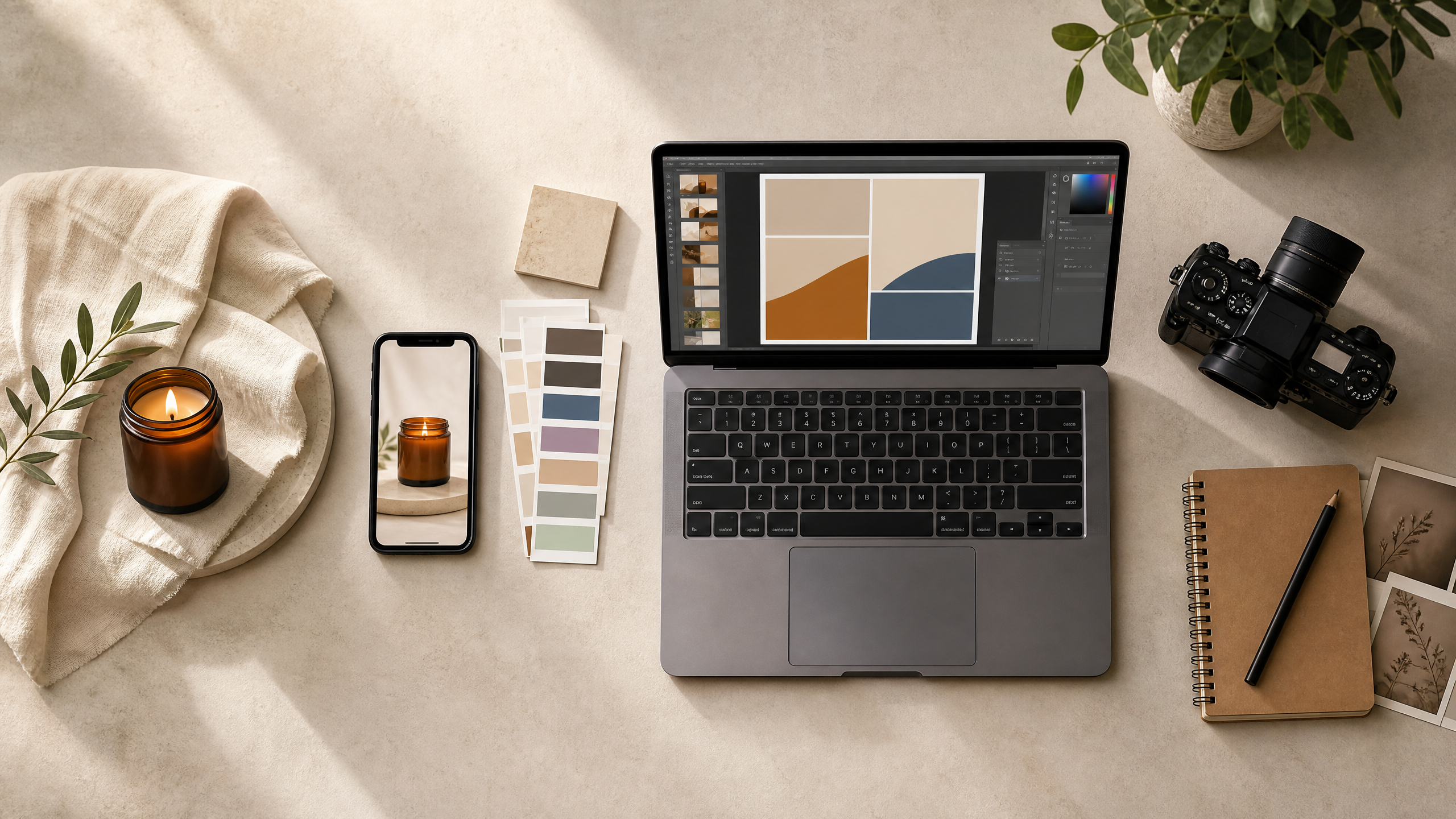 An overhead creator workspace showing a product photo workflow with a candle, phone, laptop, camera, and color swatches