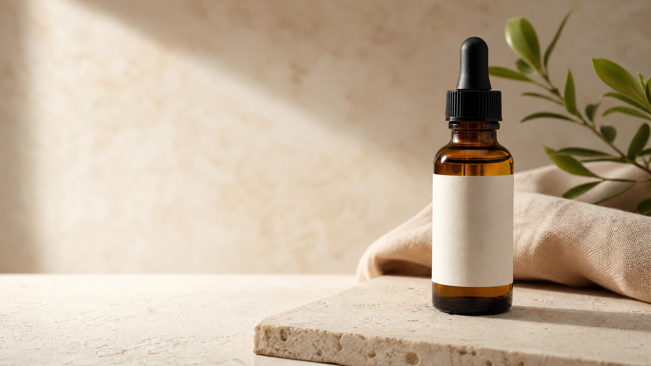 AI product photography hero image: an unbranded serum bottle in a refined lifestyle setting