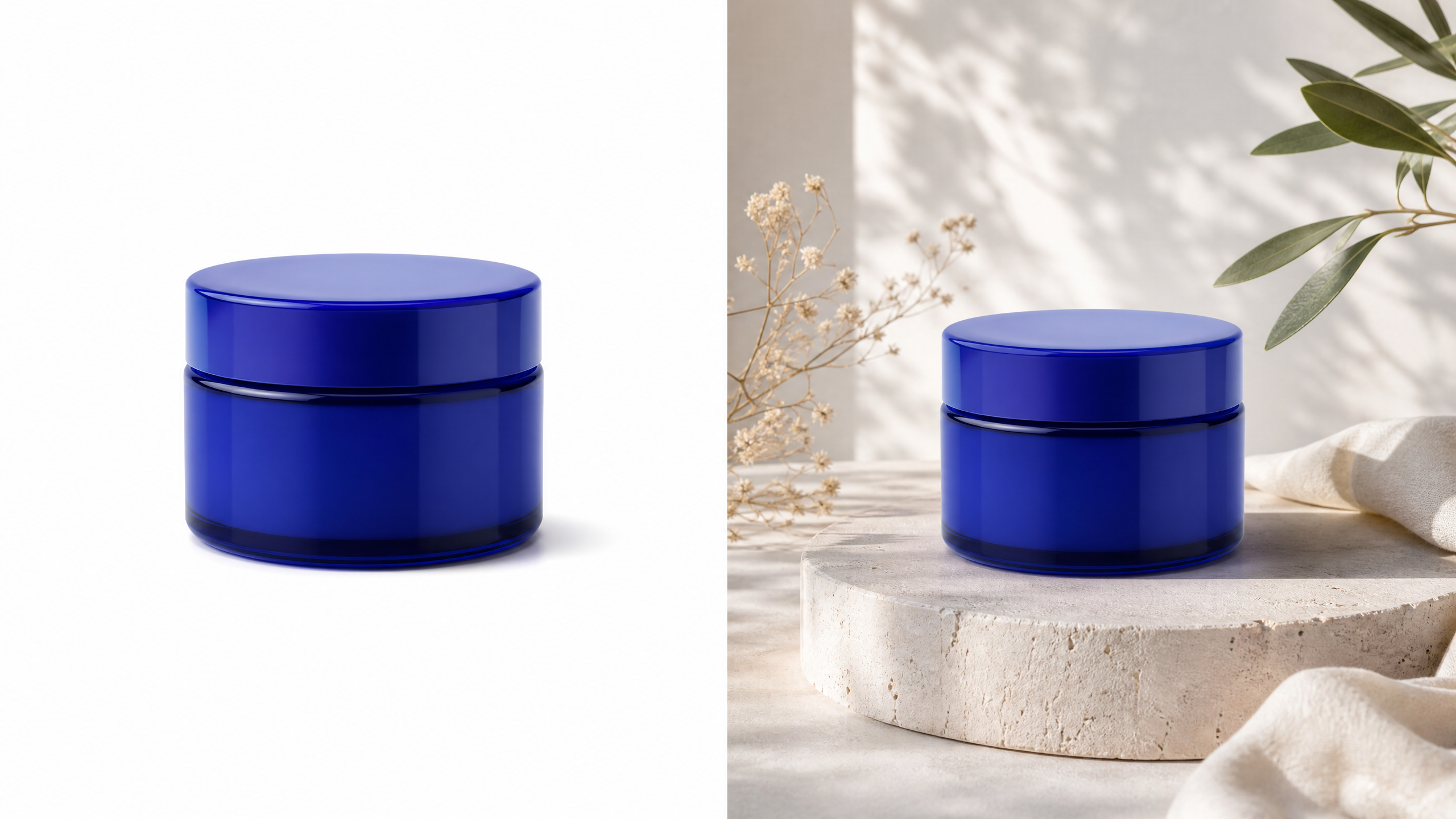 A product-truth comparison: the same unbranded cosmetic jar shown as a clean catalog image and a realistic lifestyle image