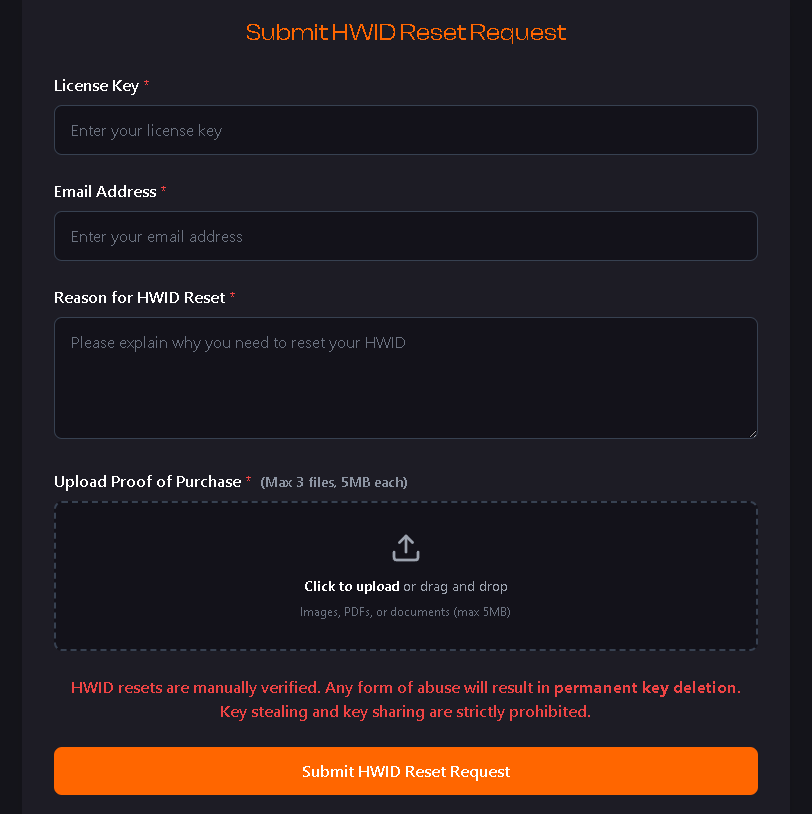HWID Reset Request Form Fields