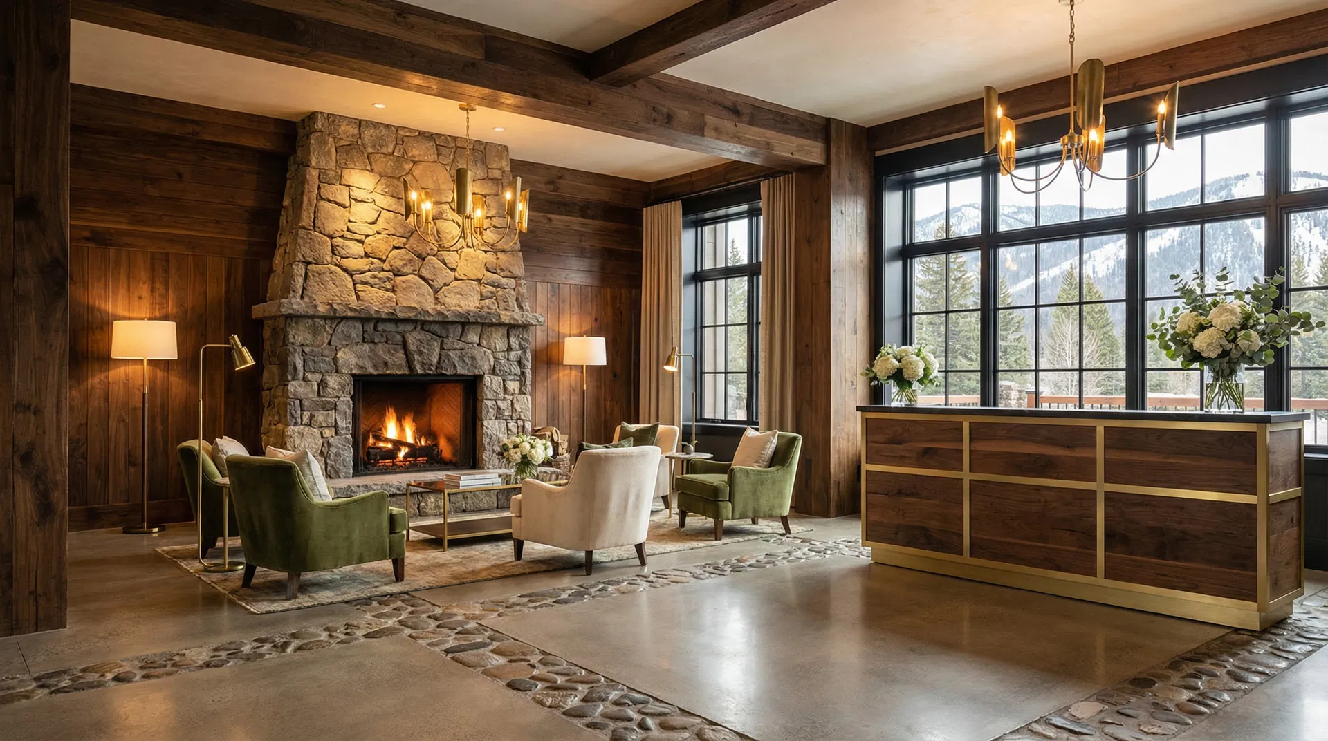 Hotel lobby with stone fireplace