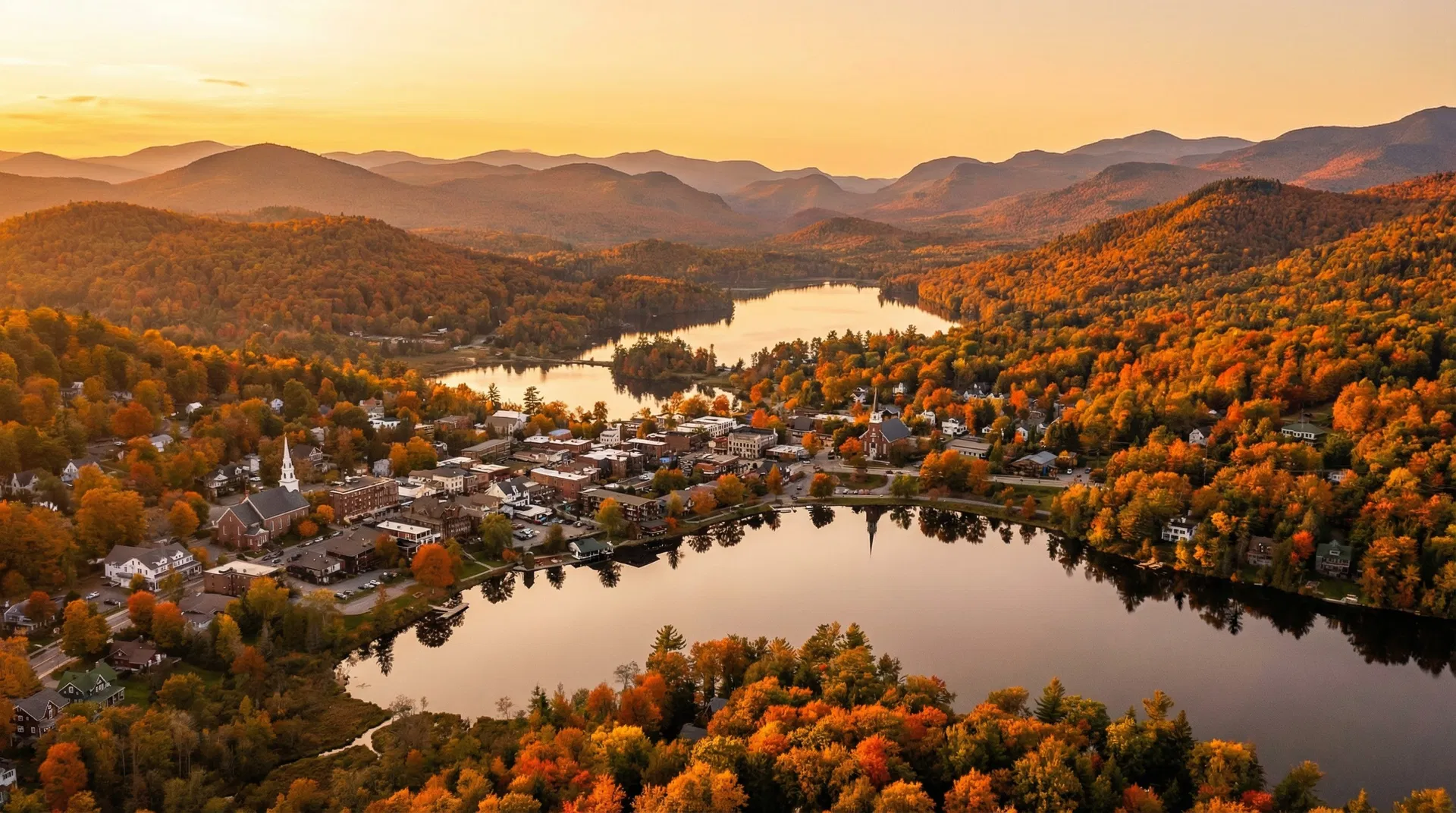 Lake Placid aerial view at golden hour
