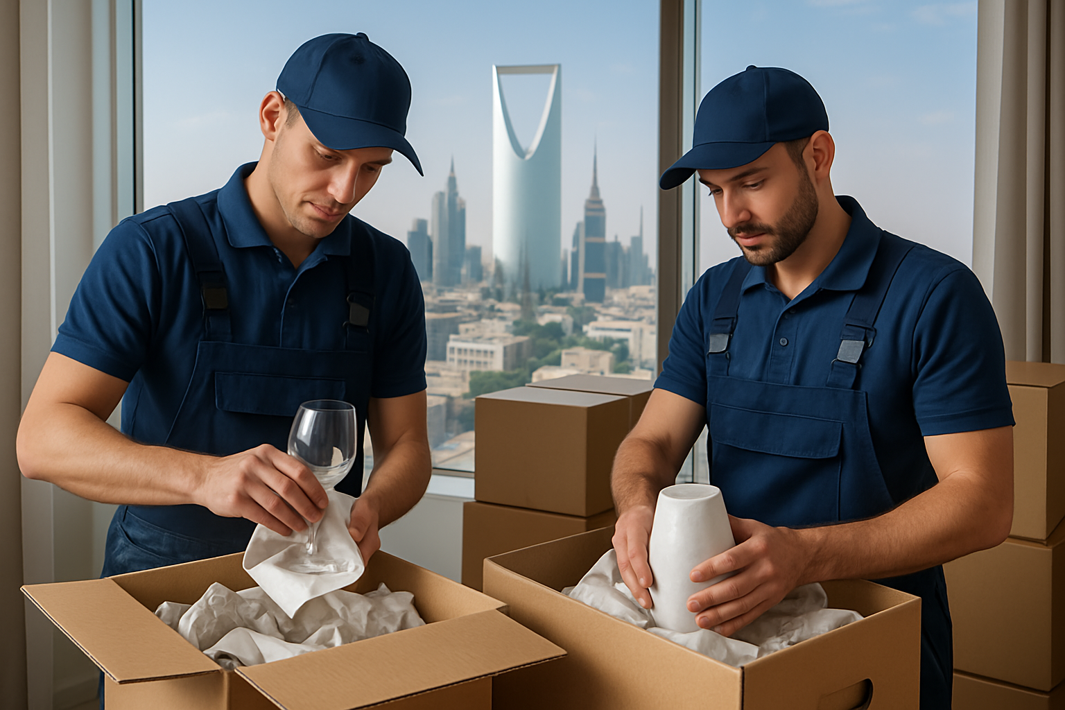 Professional movers carefully packing fragile items with Riyadh city skyline