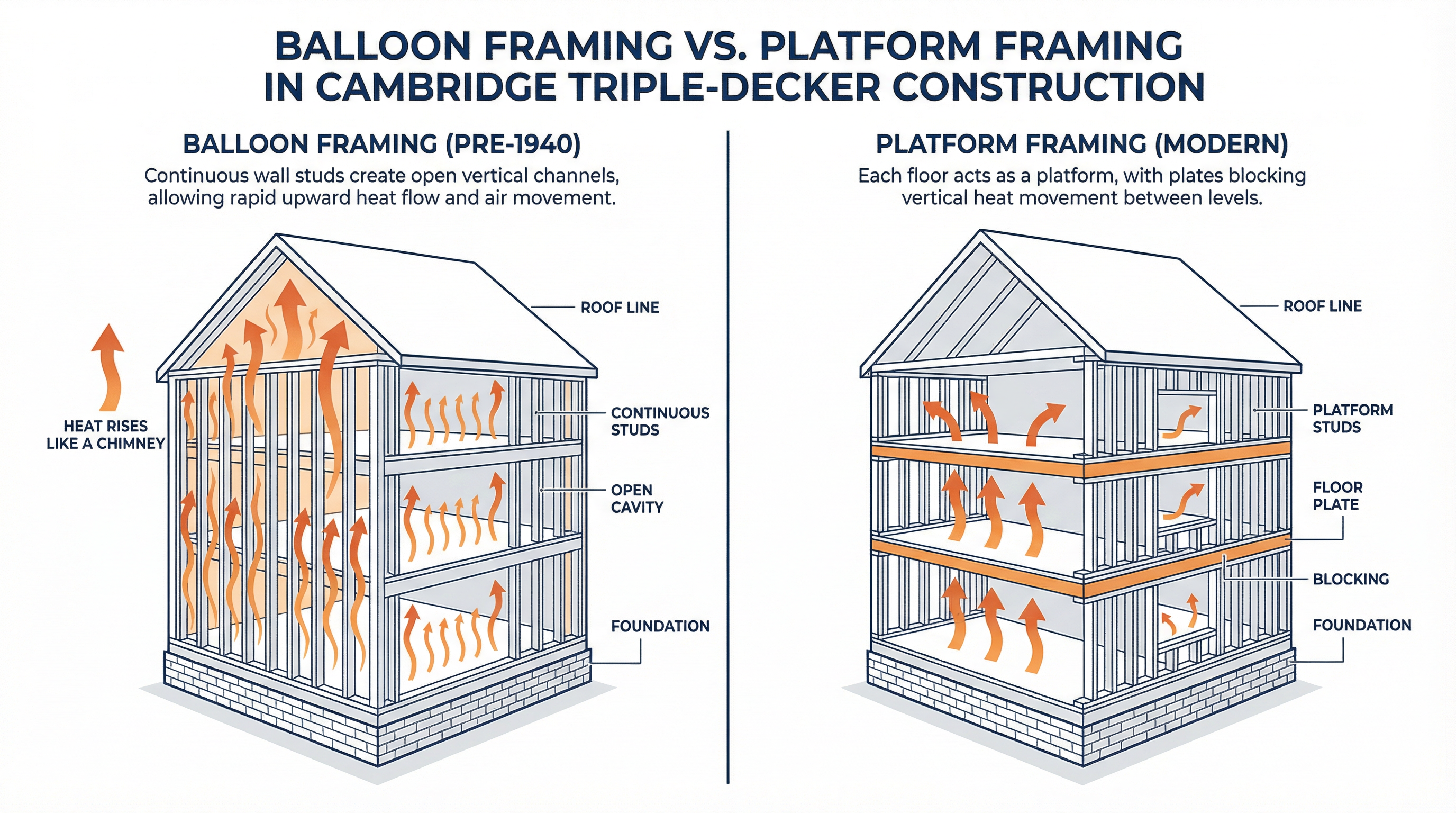 Cambridge triple-decker insulation: A technical illustration comparing balloon framing in a triple-decker to modern platform framing, showing how heat moves through the open wall cavities.