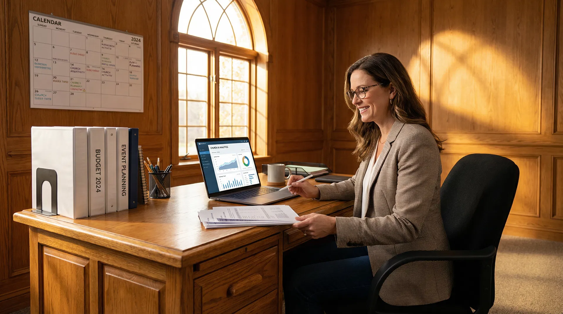 Church administrator working confidently with AI tools, showing efficiency and control